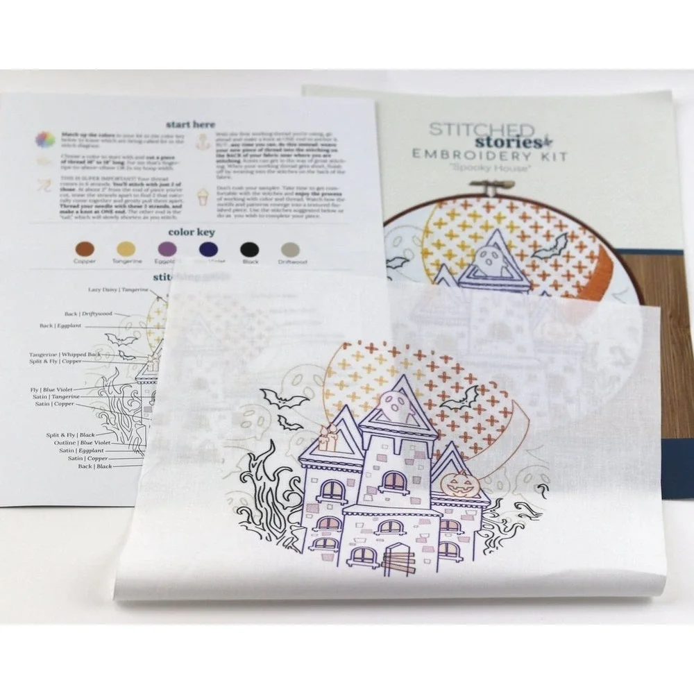 Stitched Stories Spooky House Embroidery Fabric Pattern & Guide Halloween Printe